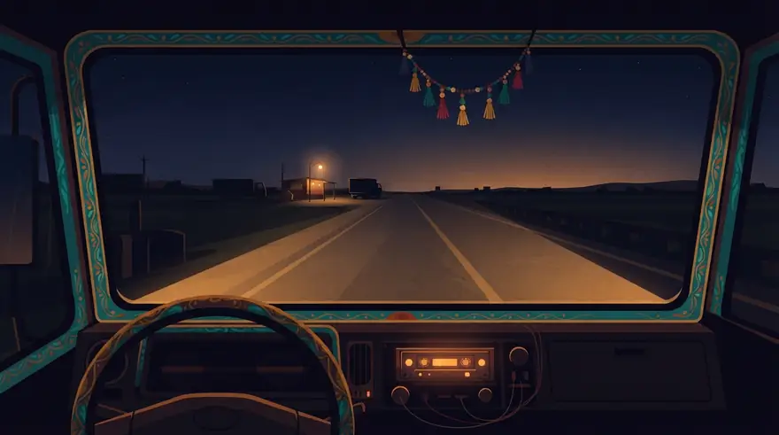 Illustration of the view from a decorated Indian truck cab at night: an empty national highway lit by headlights, a glowing cassette deck on the dashboard and a dhaba bulb in the distance.
